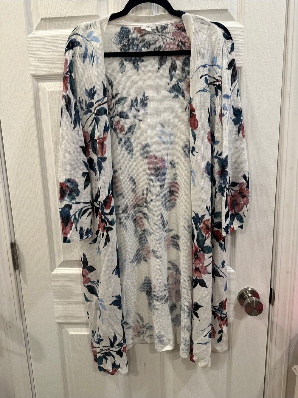 J Jill Sweater Sz XL Petite White Floral Open Front Knit Lightweight Cardigan